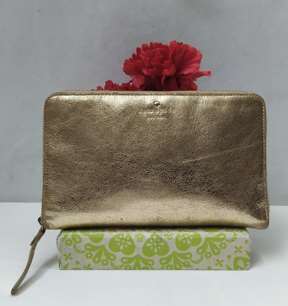 Kate Spade New York Metallic Gold Leather Zip Around Credit Card Wallet -Vintage